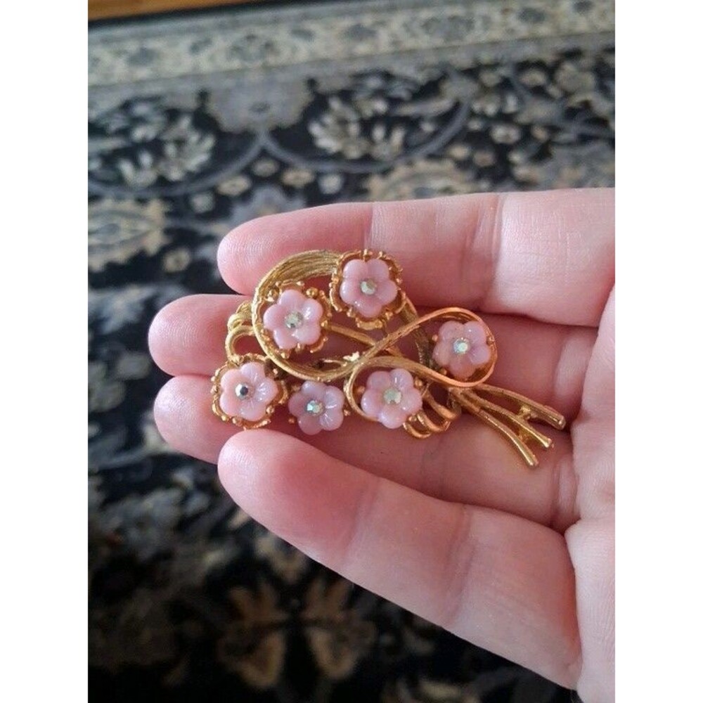 Vintage Gold And Rhinestone Pink Enamel Flower Spray Brooch